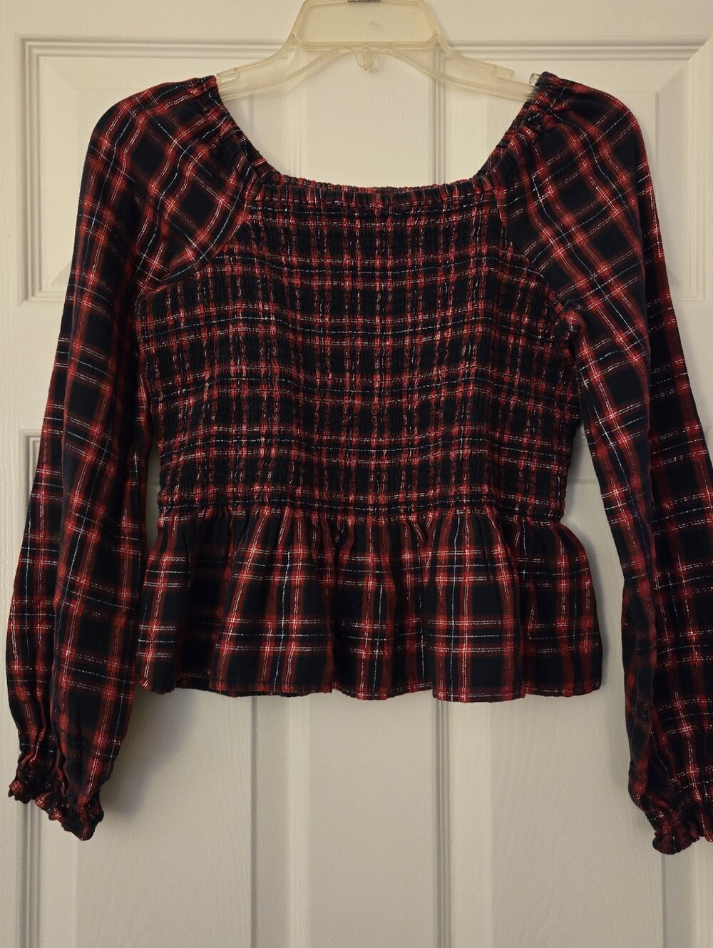 Nordstrom Girls Red & Black Plaid Smocked Peplum Blouse